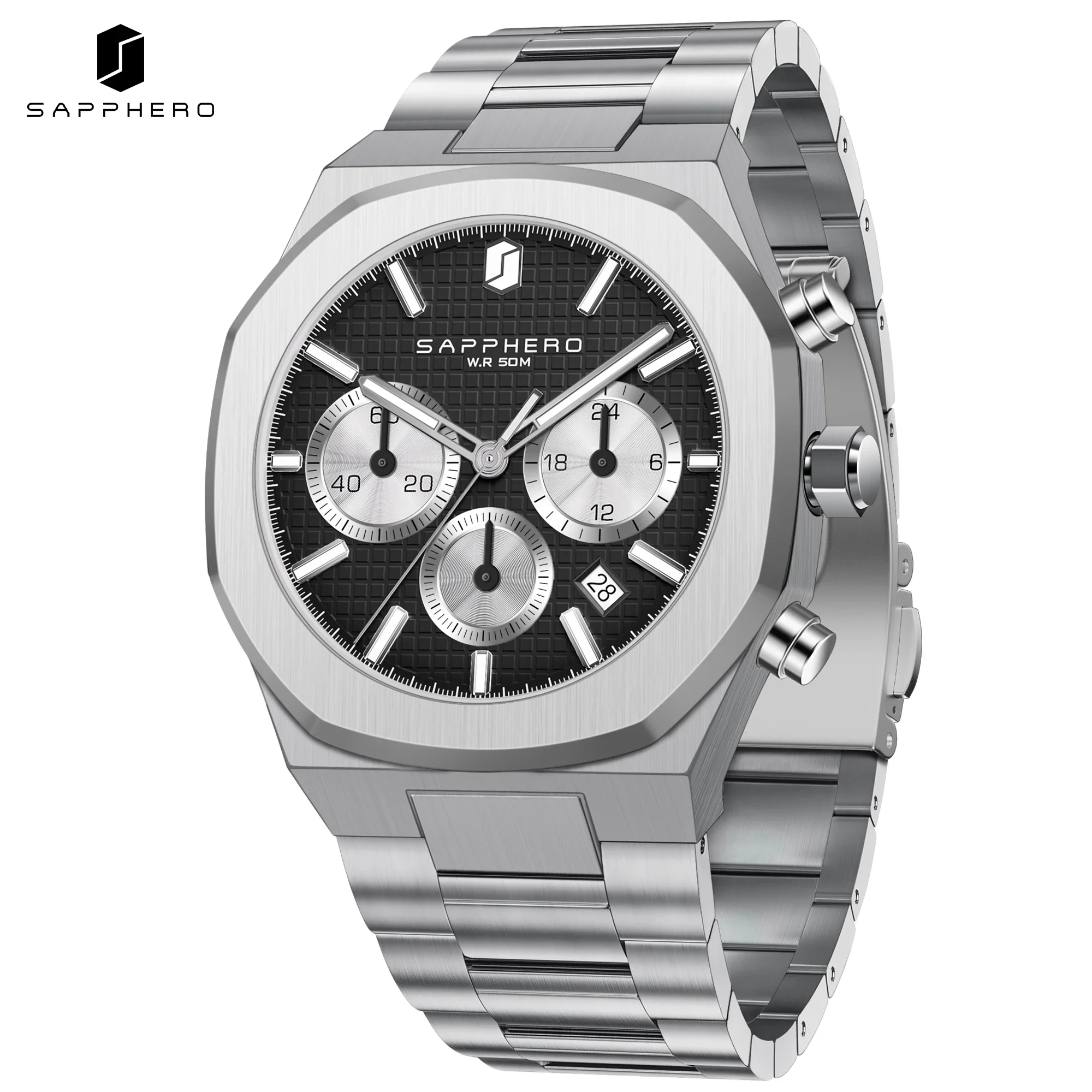 SAPPHERO Men's Stainless Steel Watch, Waterproof Chronograph Business Wristwatch, Premium Classic Dress Watch, Ideal Luxury Gift