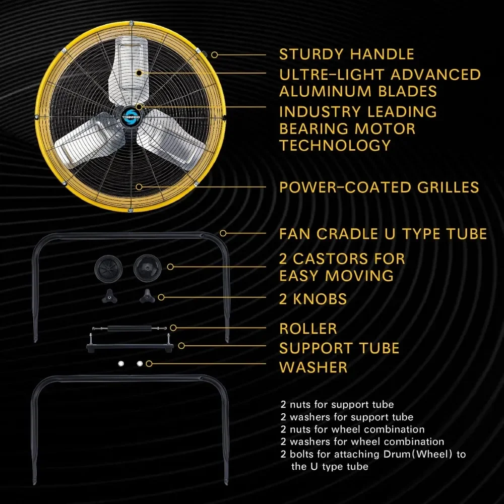 24 Inch High Velocity Heavy Duty Tilt Metal Drum Fan Yellow Commercial, Industrial Use 3 Speed 8540 CFM 1/3 HP 8 FT Cord