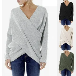 Women Autumn Winter Batwing Sleeve Knitted Sweater Vintage Harajuku Cross Pullover Elegant V Neck Loose Oversized Jumper Tops