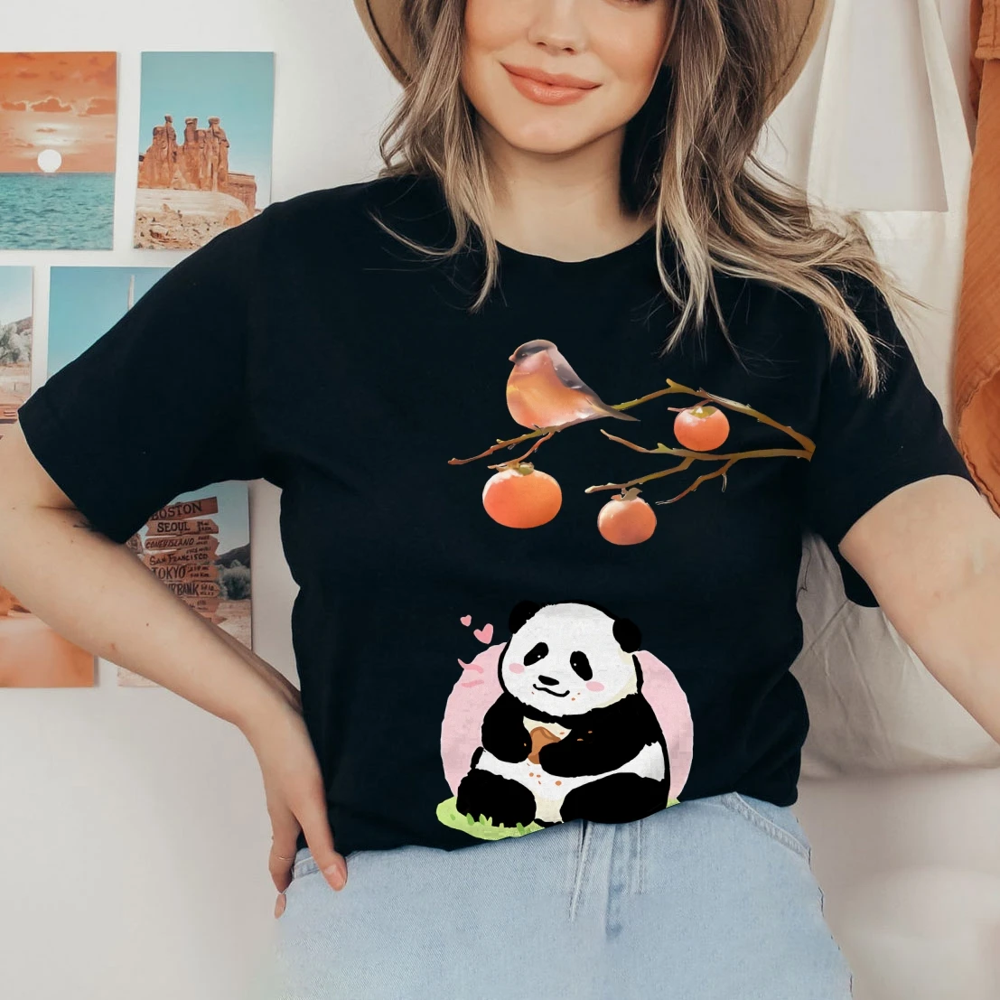 

T - Shirt, Panda, Bird, and Persimmons Graphic Print, Whimsical Nature Design, Casual Short - Sleeve, Trendy Streetwear Tee