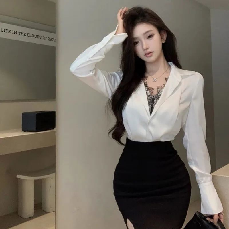 

Женские весенне-осенние элегантные темпераментные кружевные лоскутные атласные рубашки с длинными рукавами, женские модные офисные женские универсальные повседневные топы