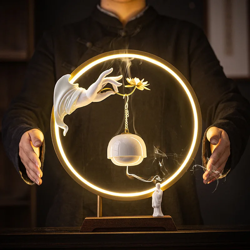 30cm Hanging Backflow Incense Burner with USB LED Light Ring Zen Monk Buddha's Hand OUDH Fragrant Stove for Home Decor Ornaments view 2