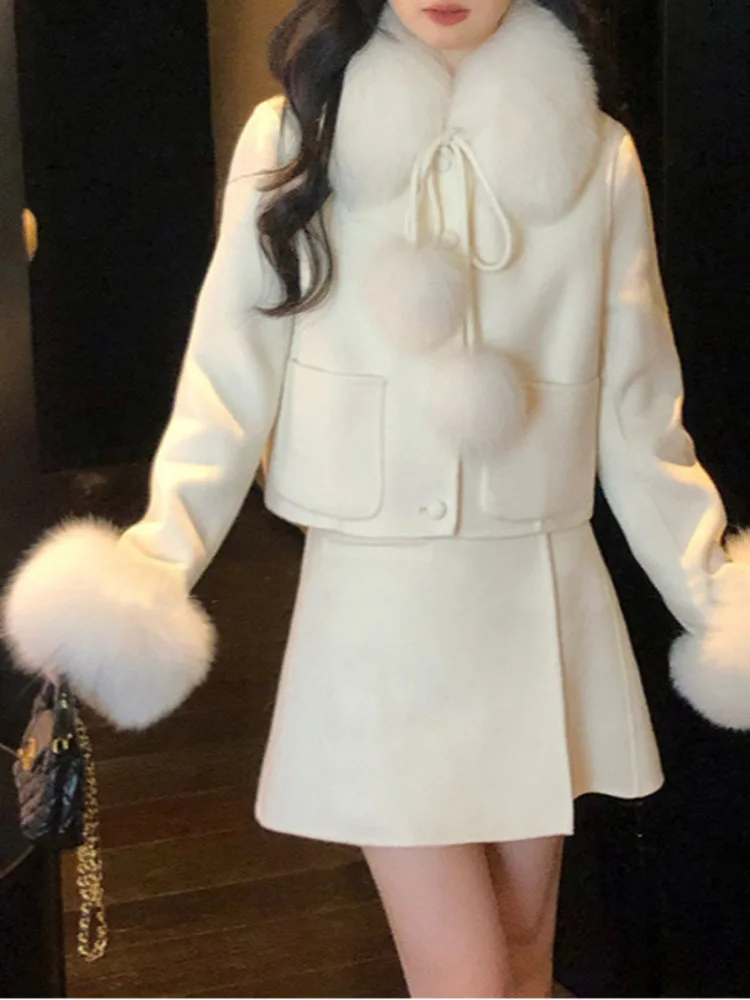 UCXQ Elegant Women\'s Sets Korean Style Lace Up Faux Neck Cardigan Coat Short Skirt Woolen Two-piece Set Women 2024 Autumn Winter