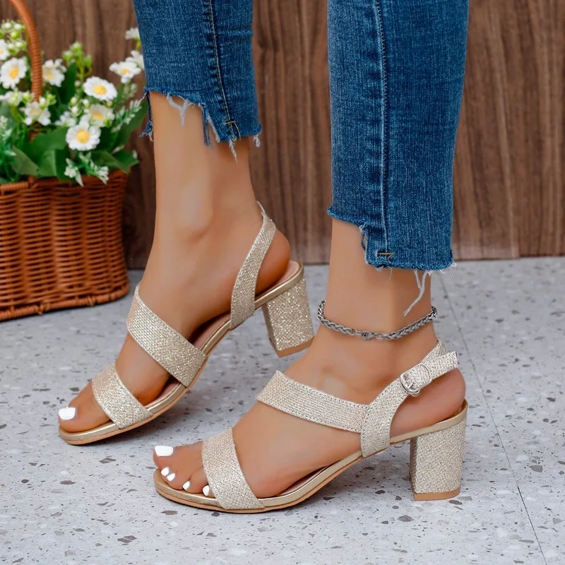 Shoes for Women 2024 Brand Summer Women's Sandals One-word Buckle Solid Open Toe High Heels Daily Work Dress Sandals Women