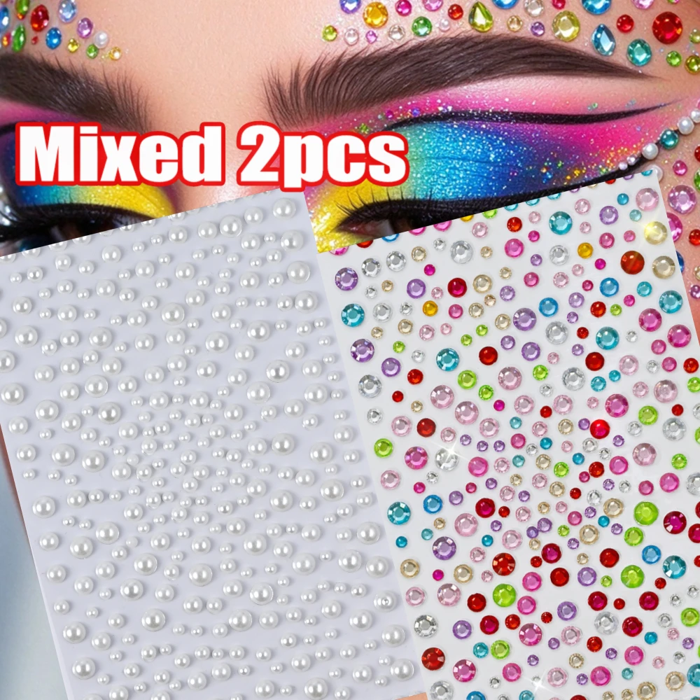 2Pcs/Kit Mixed Christmas White Pearl&Multi-colors Round Diamond Face Sticker 3/4/5/6mm Shinying Crystal+Pearl Rhinestone Sticker
