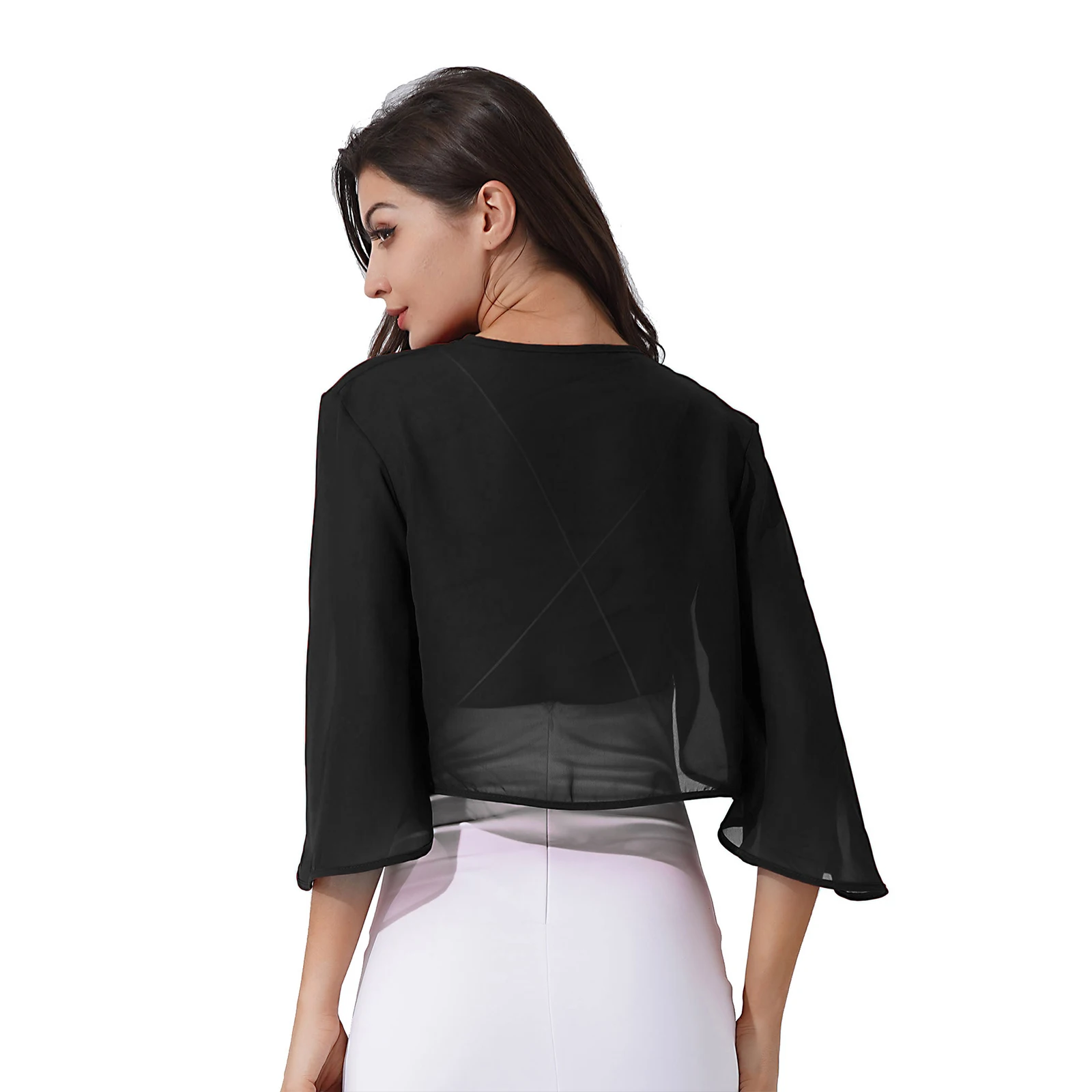 Womens Chiffon Capes Cardigan Bolero Jacket 3/4 Flare Sleeve Solid Color Evening Wedding Party Bridal Dress Cover Up Wraps Shawl