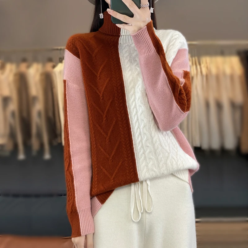 Woman's Sweater Winter Thick Casual Spliced Pullover Female Jumper Long Sleeve Turtleneck Top 100% Woolen Knitted Blouse Clothes