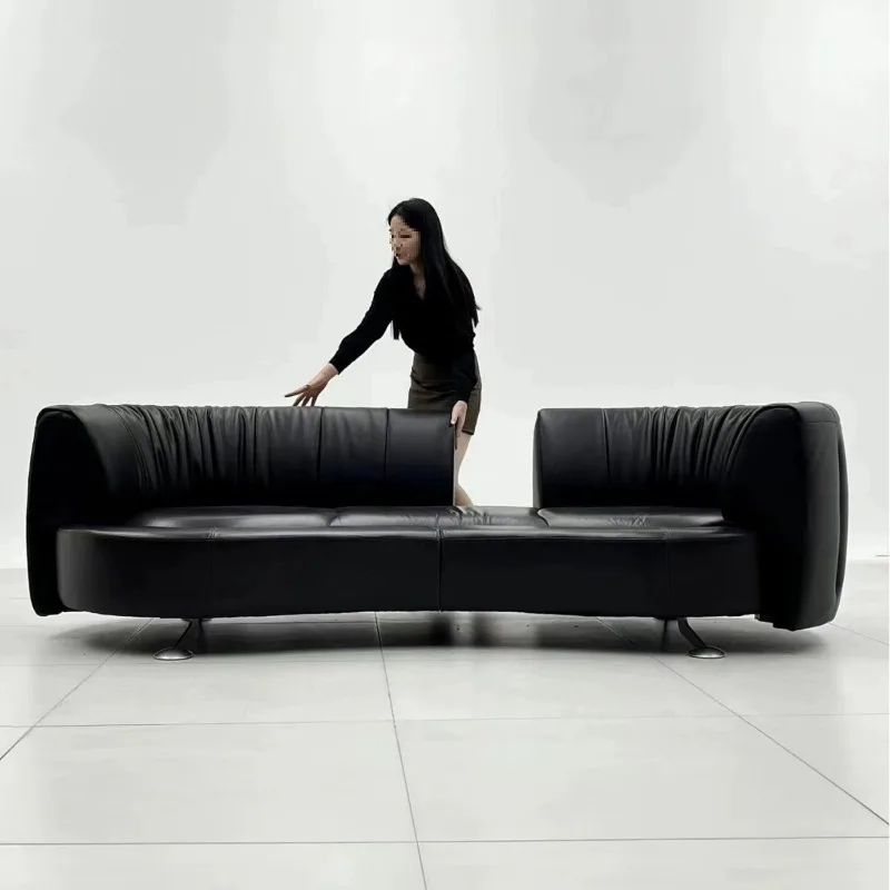 Italian minimalist sliding rail sofa, degree swivel backrest, curved sliding back, small apartment, double three-seater black