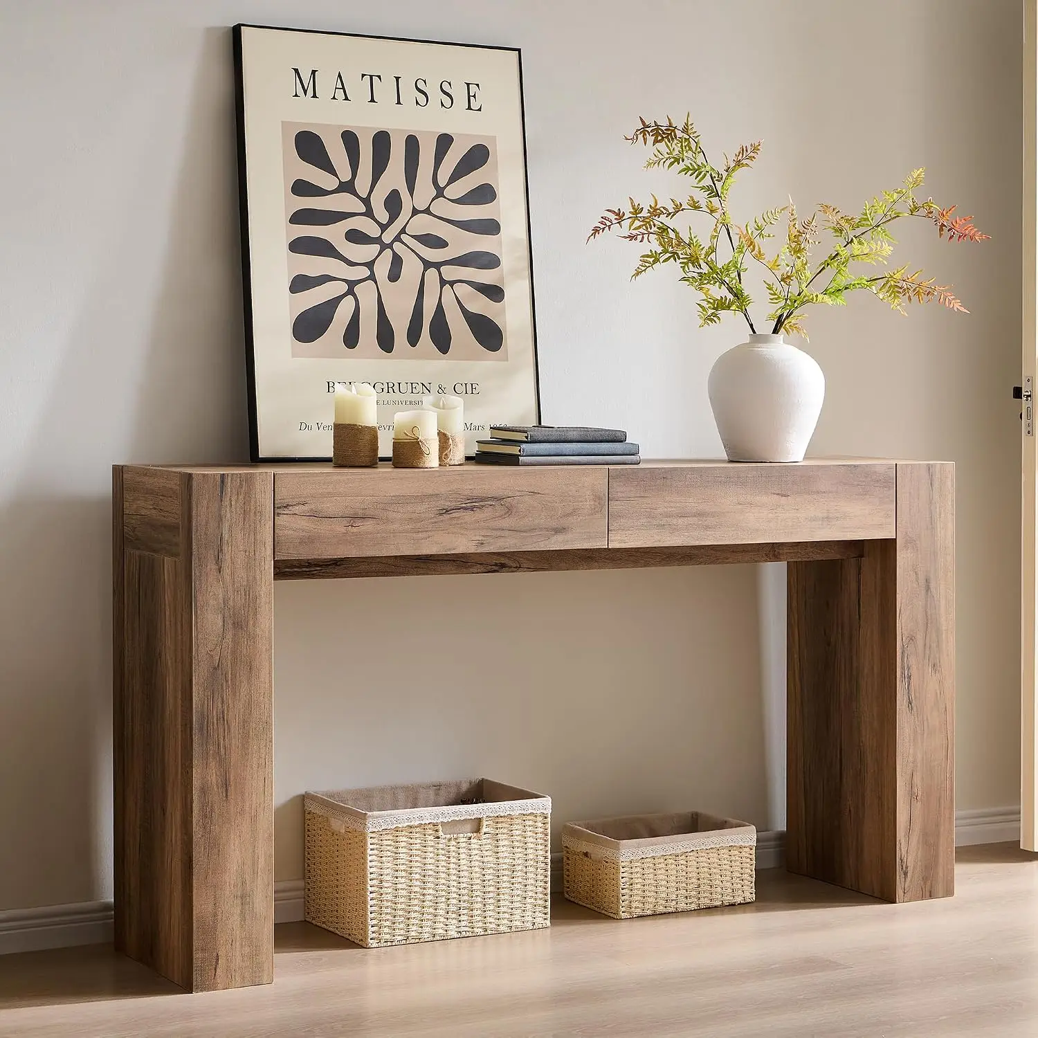 63" Console Table with Drawers, Thick Block Entryway Table, Rustic Oak, Customized