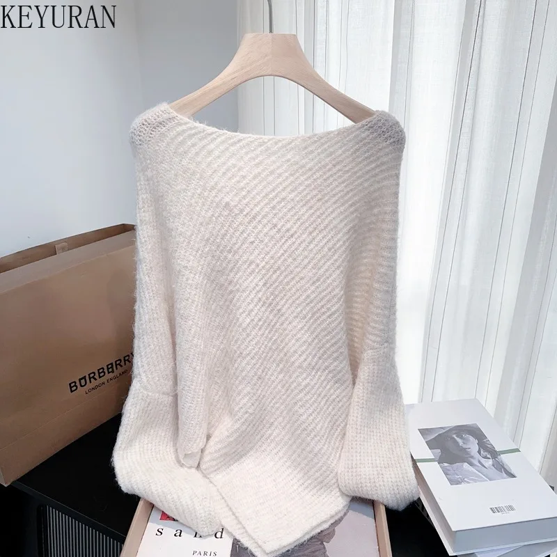 Suéteres rosas con mangas de murciélago y flores en 3D para mujer, jerséis elegantes holgados Vintage, Tops de punto, Otoño/Invierno