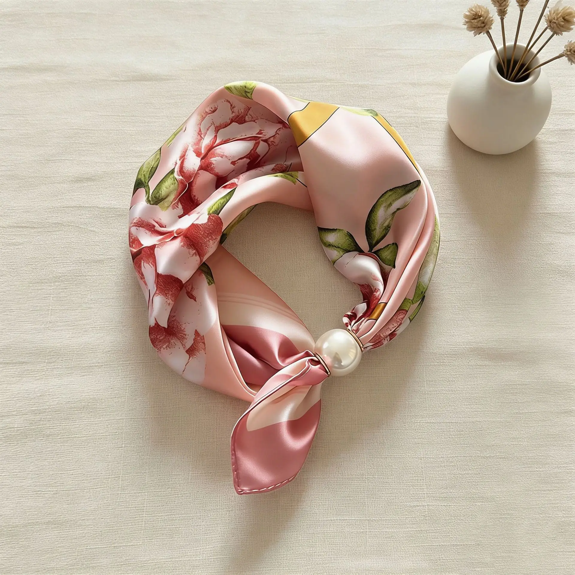 Fashion Pearl Magnetic Buckle Scarves Women Chic Dot Leopard Print Short Silky Scarf Elegant Choker Necklaces Gift for Ladies
