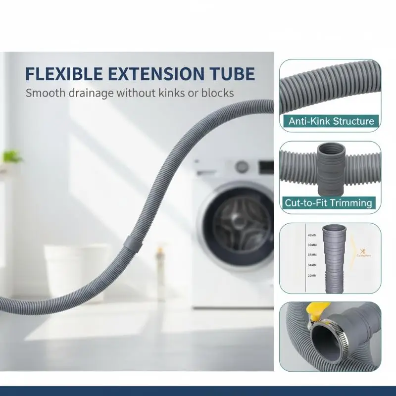 1-2M Universal Drain Hose Extension Pipe Kit Flexible Leakproof for Washing Machine Dishwasher Daily Use