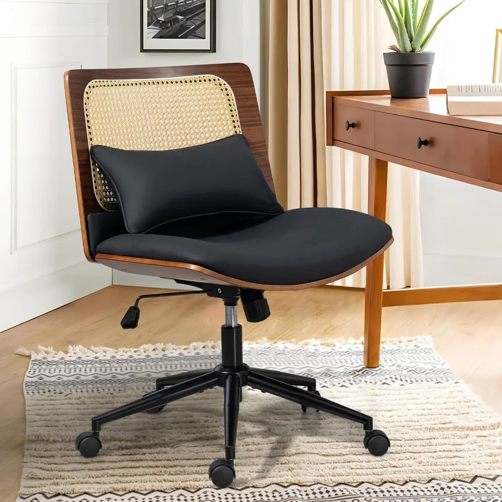 

Офисное кресло из ротанга без подлокотников с колесами, регулируемое широкое вращающееся рабочее кресло из искусственной кожи из орехового дерева, эргономичное кресло на перекрестных ножках