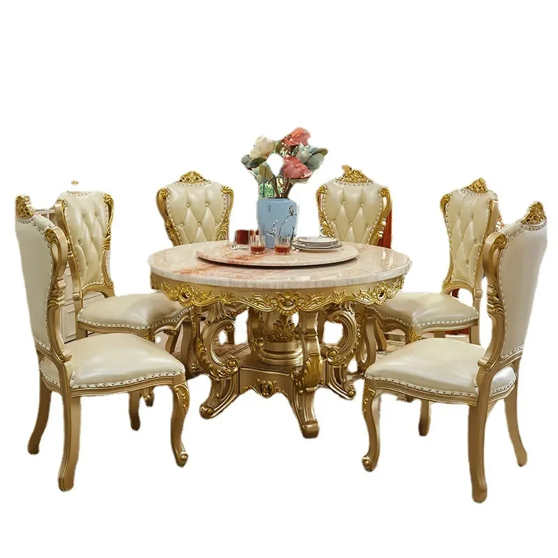 for European Round Dining Table and Chair Set Marble Top 6 Person Household Small Apartment with Turntable All Solid Wood K55
