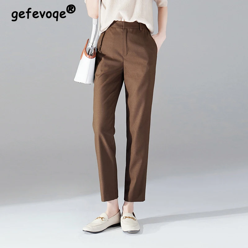 Autumn Winter High Waist Elegant Fashion All-match Solid Color Pants Female Ankle Length Slim Casual Trousers Women\'s Clothing