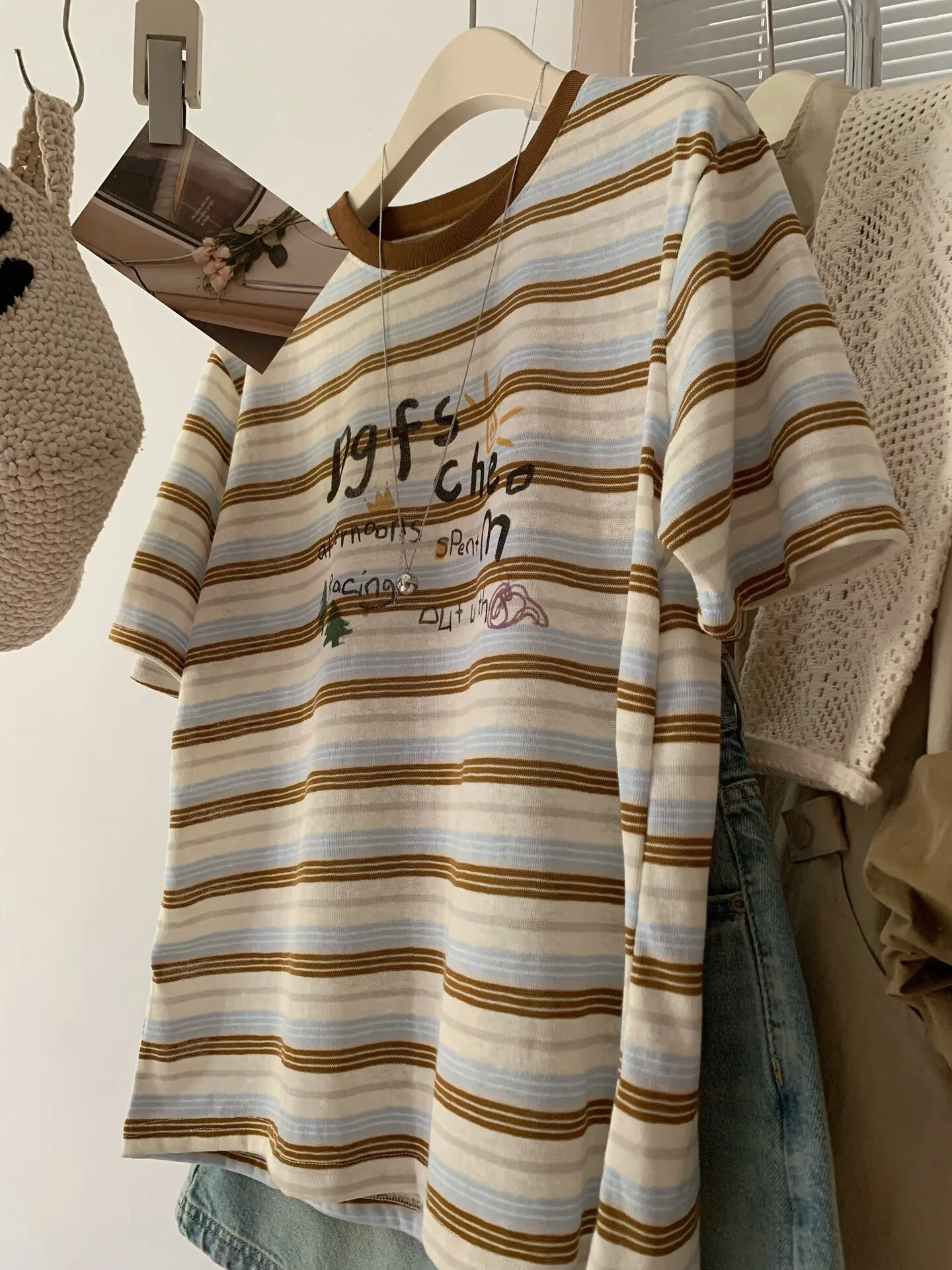 

plus Size Women's T-Shirt Striped Graffiti Loose Short Sleeve Summer Top Anti-Aging Korean Style Polyester Fiber round Neck