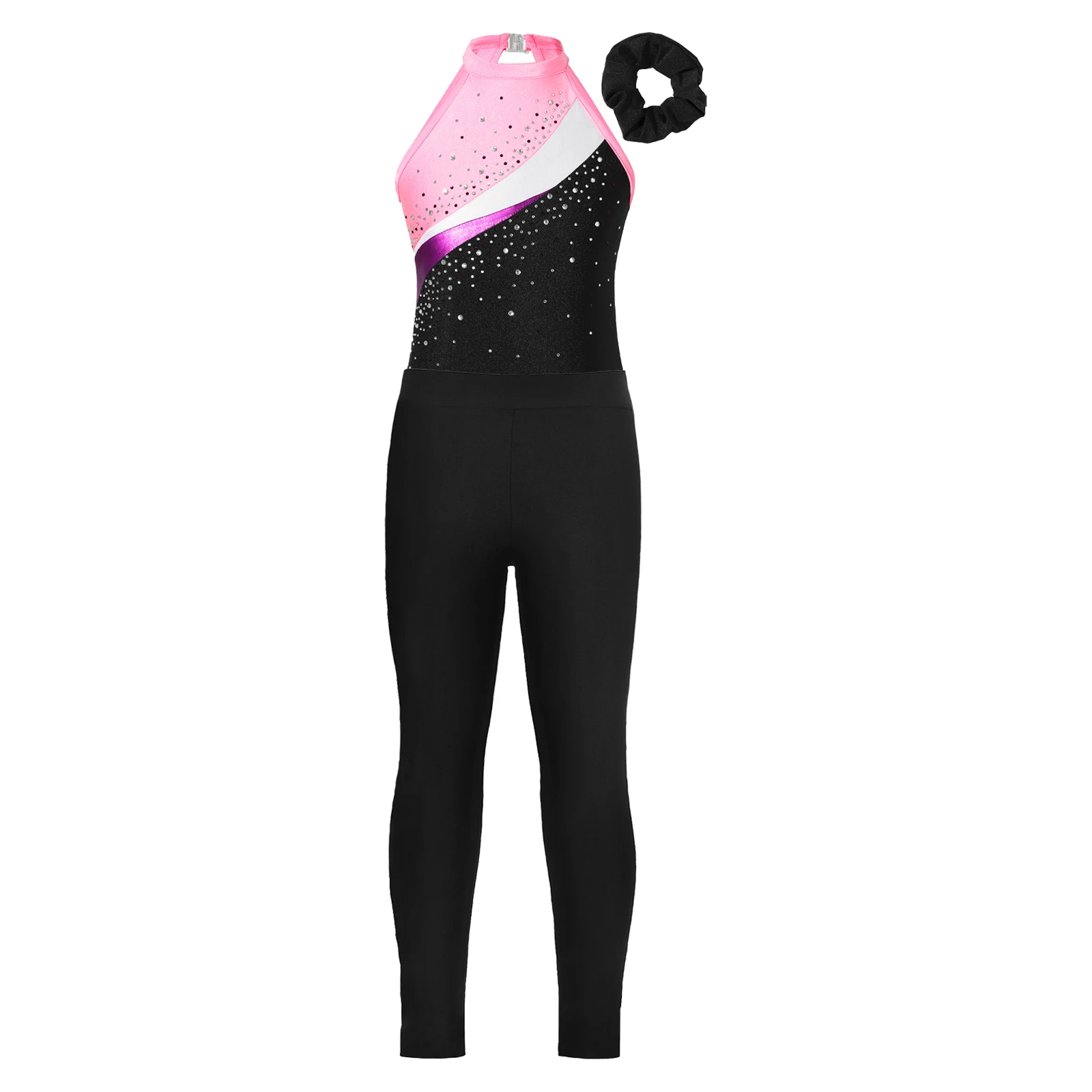 Kids Girls Ballet Dance Leotard Sleeveless Shiny Rhinestones Hollow Back Leotard+Hair Band+Leggings Pants for Gymnastics Skating