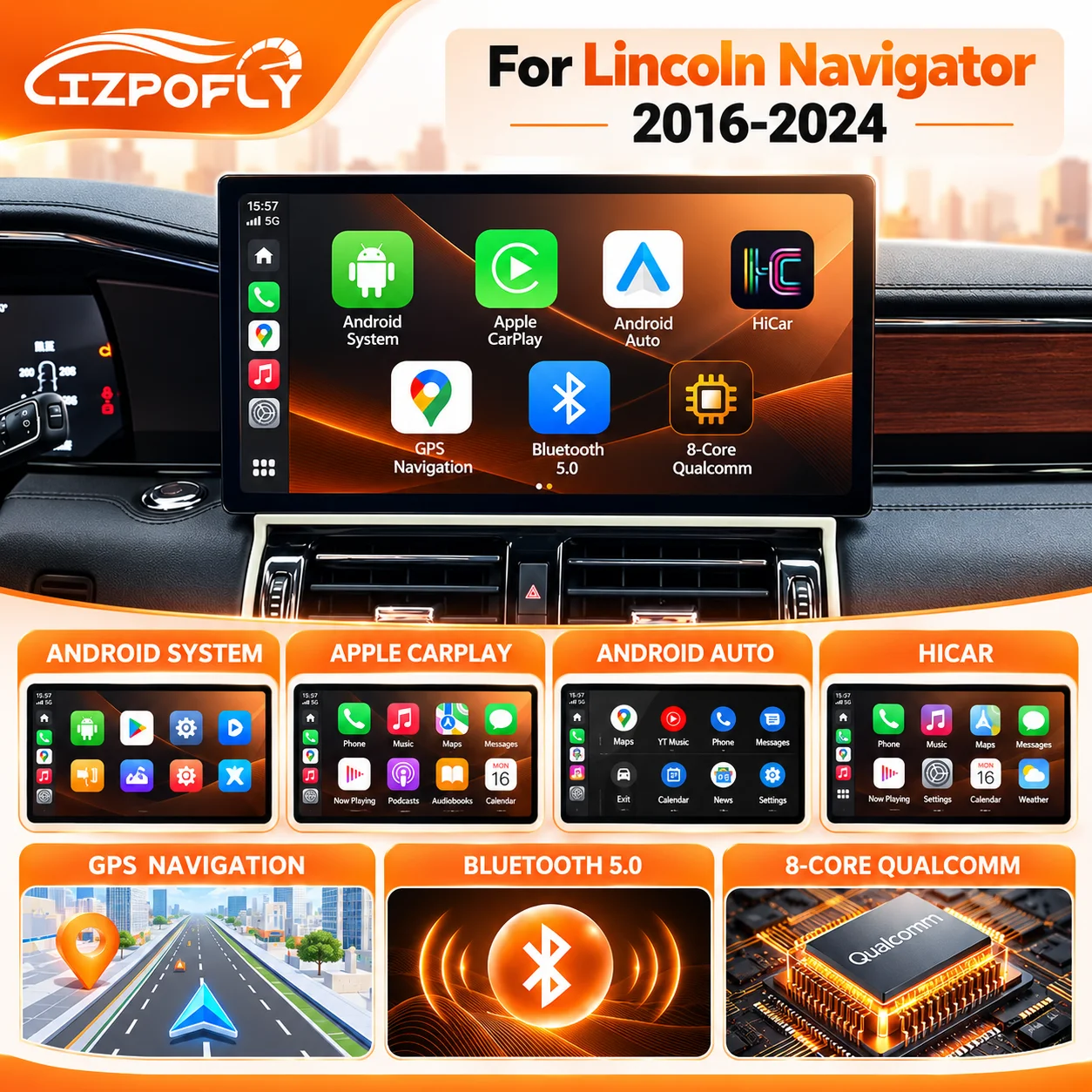 Lizpofly 13.1 inch Android Car Radio For Lincoln Navigator 2016-2024 CarPlay GPS Navigation Multimedia Video Player Stereo