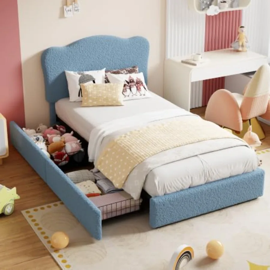 Bed Frame with 2 Storage Drawers, Soft Velvet Platform Bed for Girls and Boys, Sturdy Noise-Free Design, No Box Spring Required
