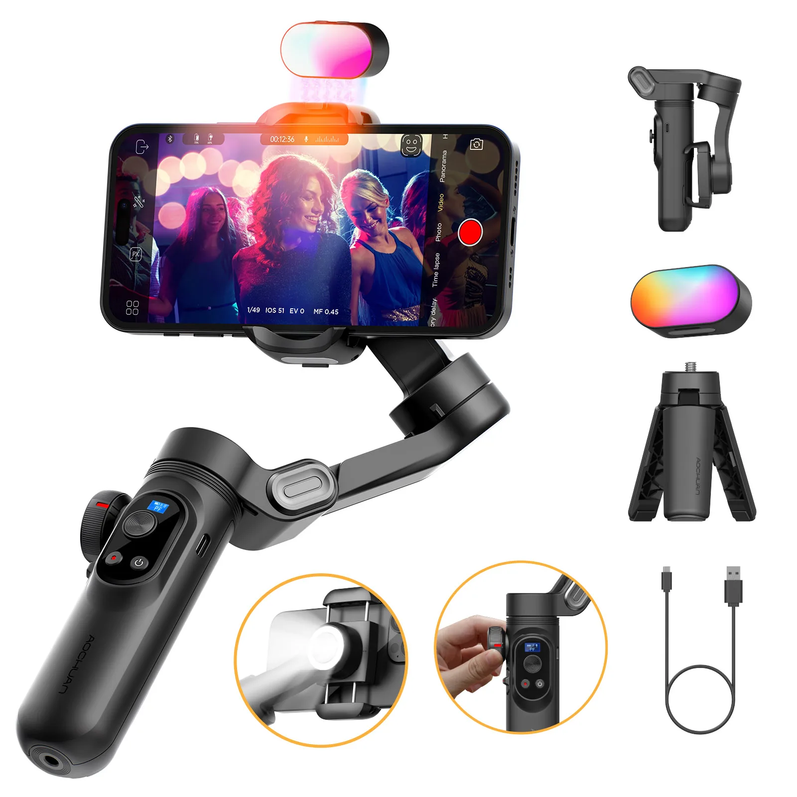 Stabilisateur de cardan 3 axes AOCHUAN pour smartphone avec lumière d'appoint magnétique RGB, cardan pour téléphone iPhone/Android, stabilisateur pliable pour iPhone avec suivi de visage amélioré pour l'enregistrement de vlogs