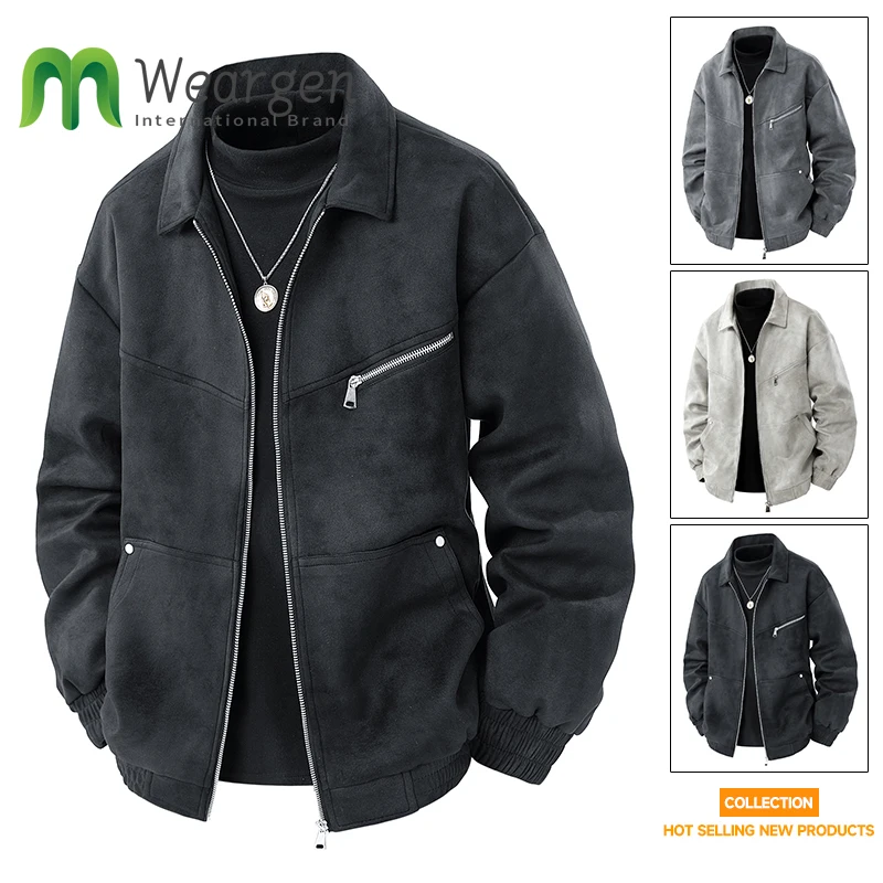 

Men's Deerskin Suede Jacket with Lapel American Hong Kong Style Loose Motorcycle Retro 2509