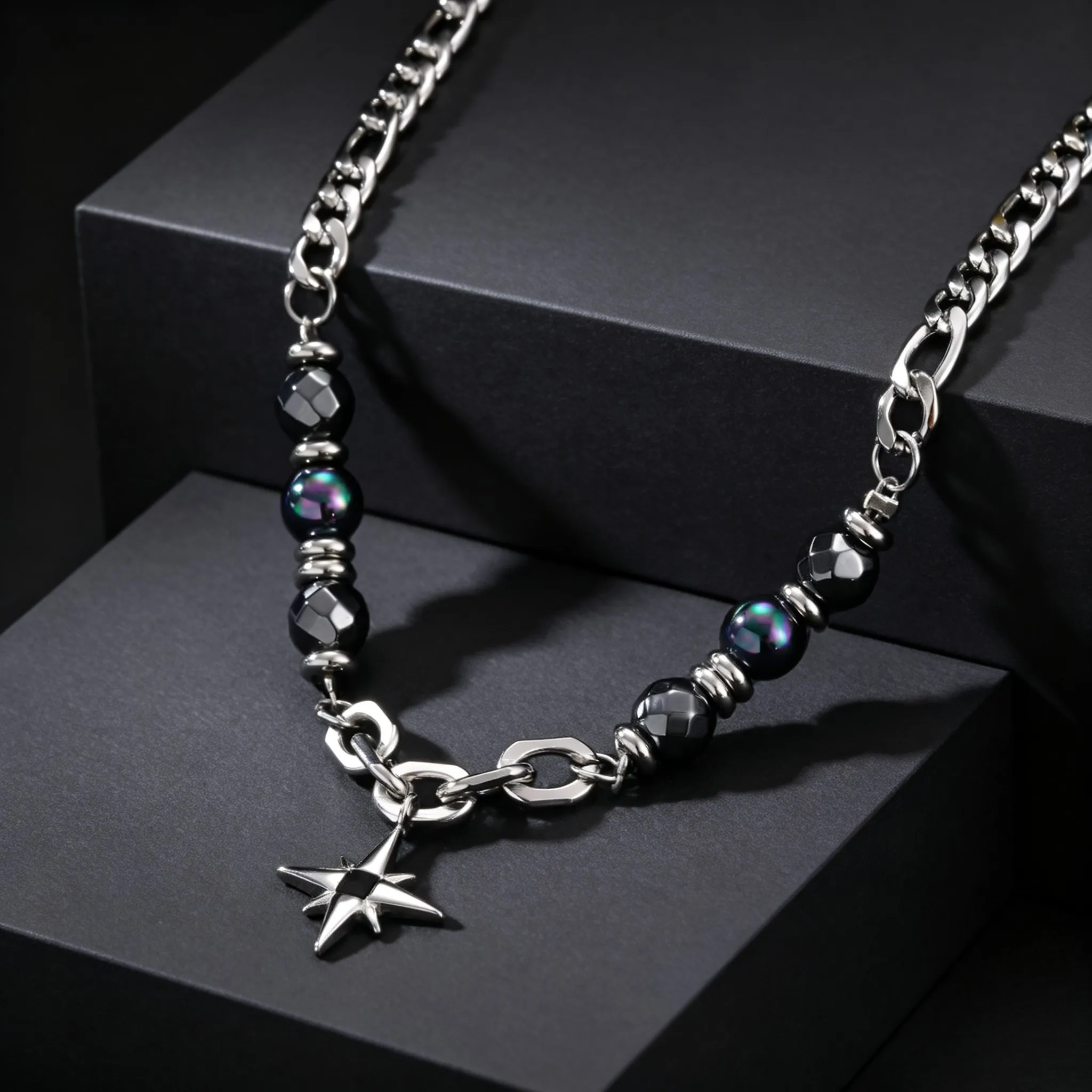 Stylish Hiphop Laser Iridescent Round Beads Necklace, Stainless Steel Zircon Star Pendant Necklace, Punk Jewelry Accessories