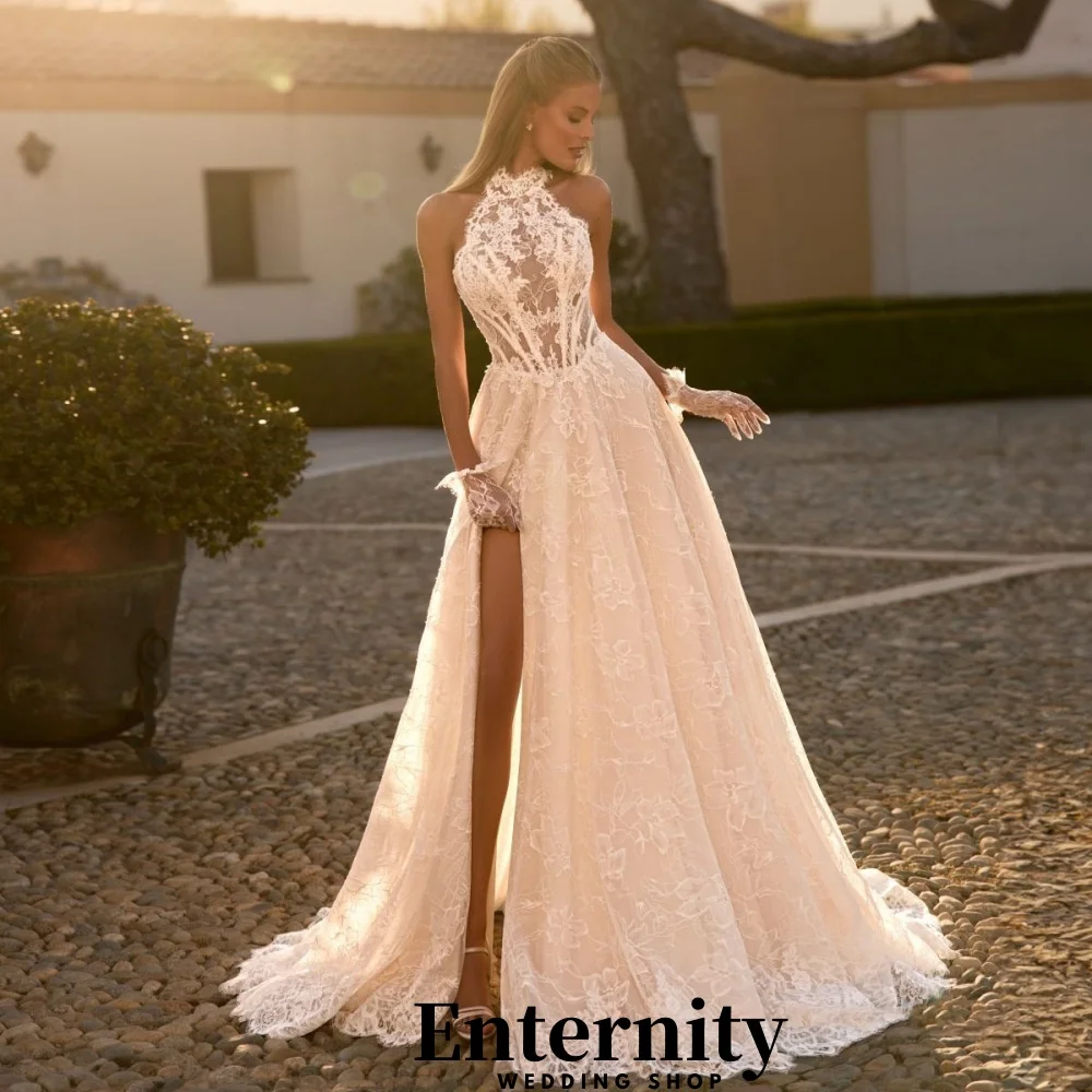 

Customized Zipper Wedding Dresses Halter-neck Sleeveless For Women Charming Simple Lace Applique Bridal Gowns Vestidos De Novia