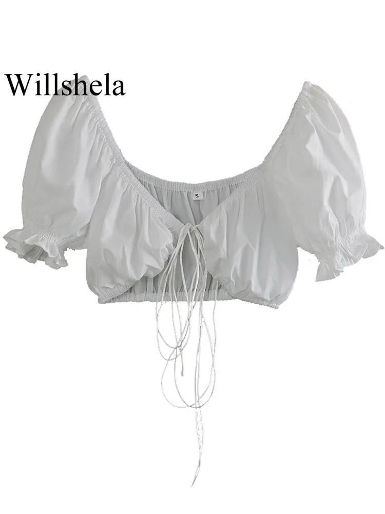 Willshela Women Fashion Solid Lace Up Cropped Shirt Vintage V-Neck Short Puff Sleeves Female Chic Lady Blouse