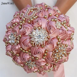 JaneVini 2024 Luxury Dusty Pink Flowers Bridal Bouquets with Gold Crystal Artificial Satin Roses Jewelry Wedding Brooch Bouquet