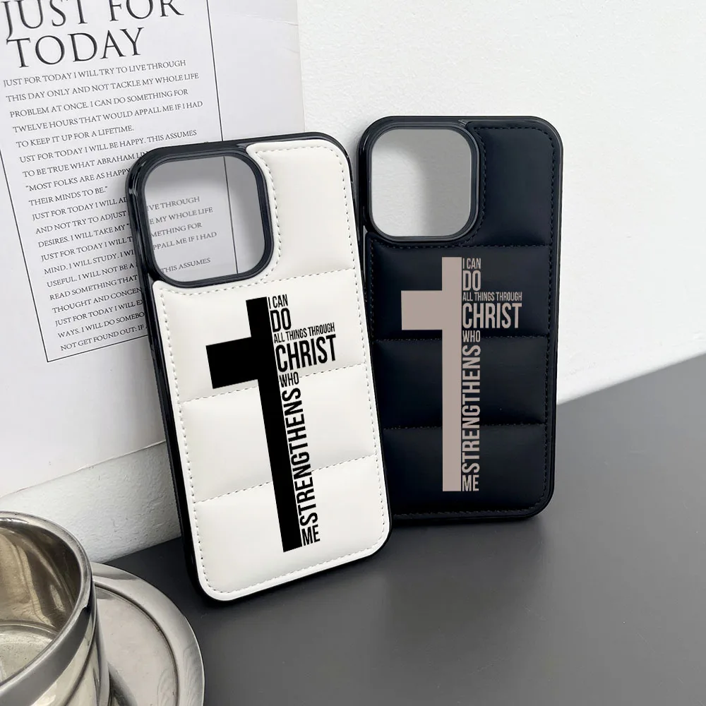 Cross Jesus Christ Black and White Soft Puffer Phone Case Cover for Iphone 15 14 13 12 11 XR Pro Max Gifts for Boyfriend Family