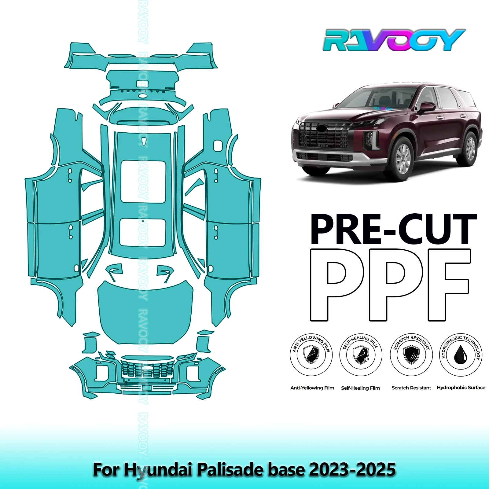 RAVOOY 8.5Mil Custom-Fit Precut TPU PPF Full Vehicle Clear Bra Stone Guard EU UK For Hyundai Palisade base 2023-2026