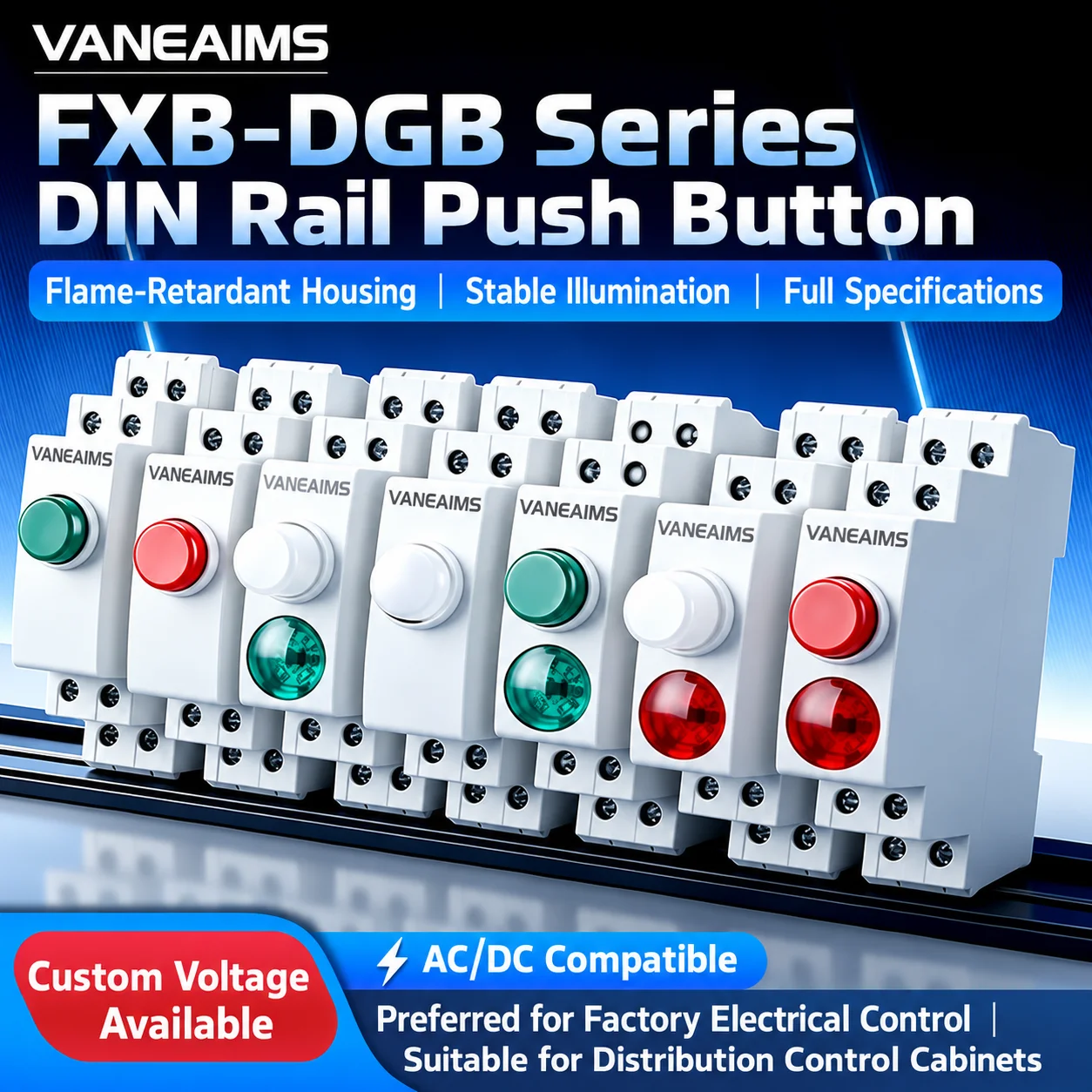 18mm Din Rail Mount Push Button Switch with Lamp AC DC 12V 24V 230V Indicator Signal Light Momentary Latching Rail Switch