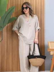 Women V-Neck T-Shirt and Trousers Two-Piece Set Cotton Linen Button Loose Ladies Shirt Casual Chic Pullover with Wide Leg Pant