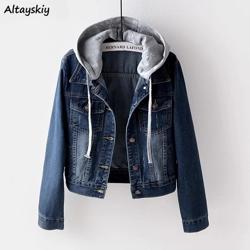 

Denim Coat for Women Long Sleeve All-match Chic Korean Style Students Girls Young Hooded Patchwork New Design Spring Autumn Fit