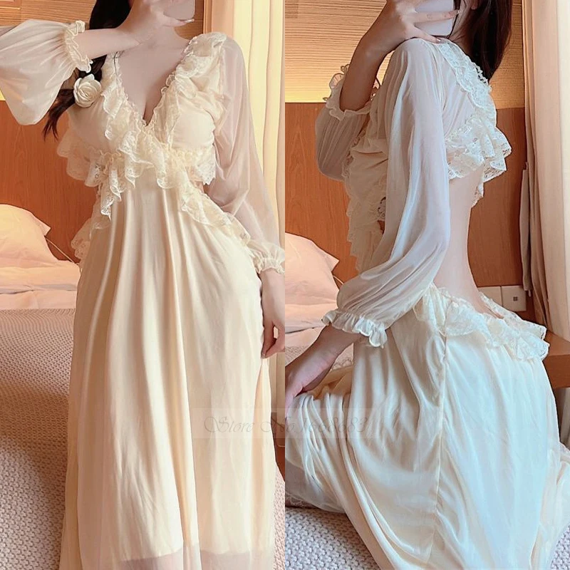 Sexy V-Neck Backless Long Nightgown Nightwear Perspective Lace Palace Style Princess Nightdress Summer Sleepwear Home Dress