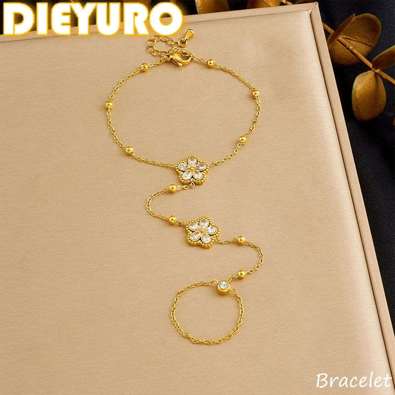 DIEYURO 316L Edelstahl Exquisite Zirkonia Blume Mode Finger Armband Für Frauen Trend Lichtecht Hand Kette Schmuck