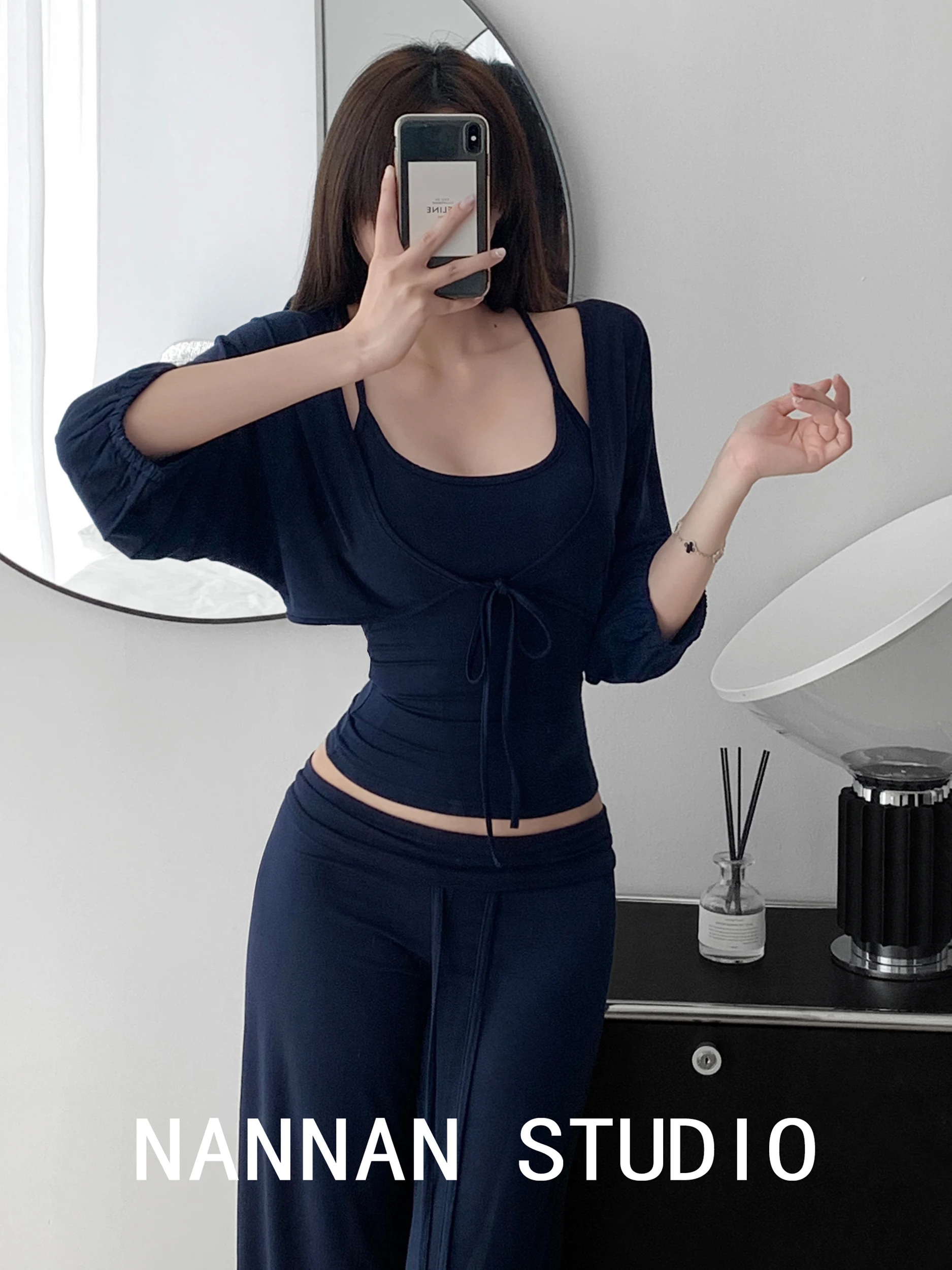 Zhang Zi  American Lantern Sleeve Belted Loose Cover up Cardigan Modal Straight Leg Pants Three Piece Set Women's Fashion