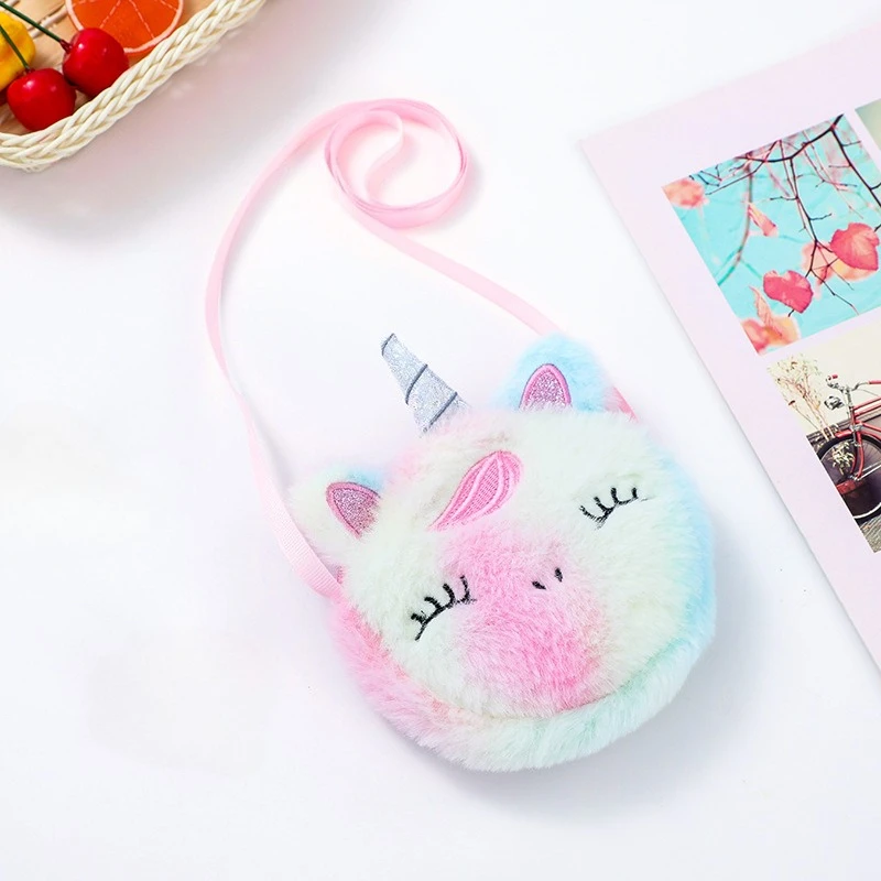 حقائب كتف قطيفة على شكل وحيد القرن كرتونية للأطفال لطيفة ملونة للفتيات الصغيرات حقيبة كروس دائرية فروي محفظة حقائب يد هدايا للأطفال