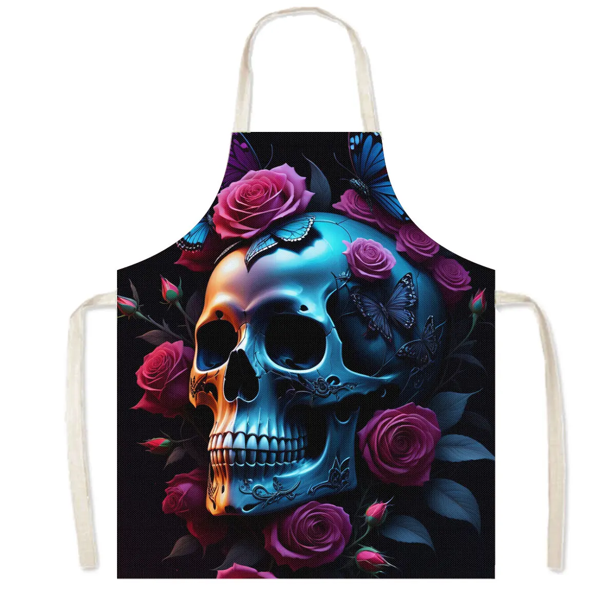 Skull Rose Butterfly Print Kitchen Aprons Children Bib Women Men Home Cleaning Clothing Linen Pinafore Chef Waiter Cooking Apron