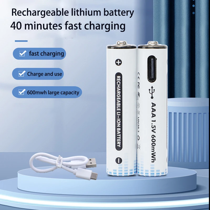 Purfeeld 1.5v 600mwh aaa baterias recarregáveis usb bateria de íon-lítio para controle remoto mouseelétrico bateria de brinquedo + cabo tipo-c