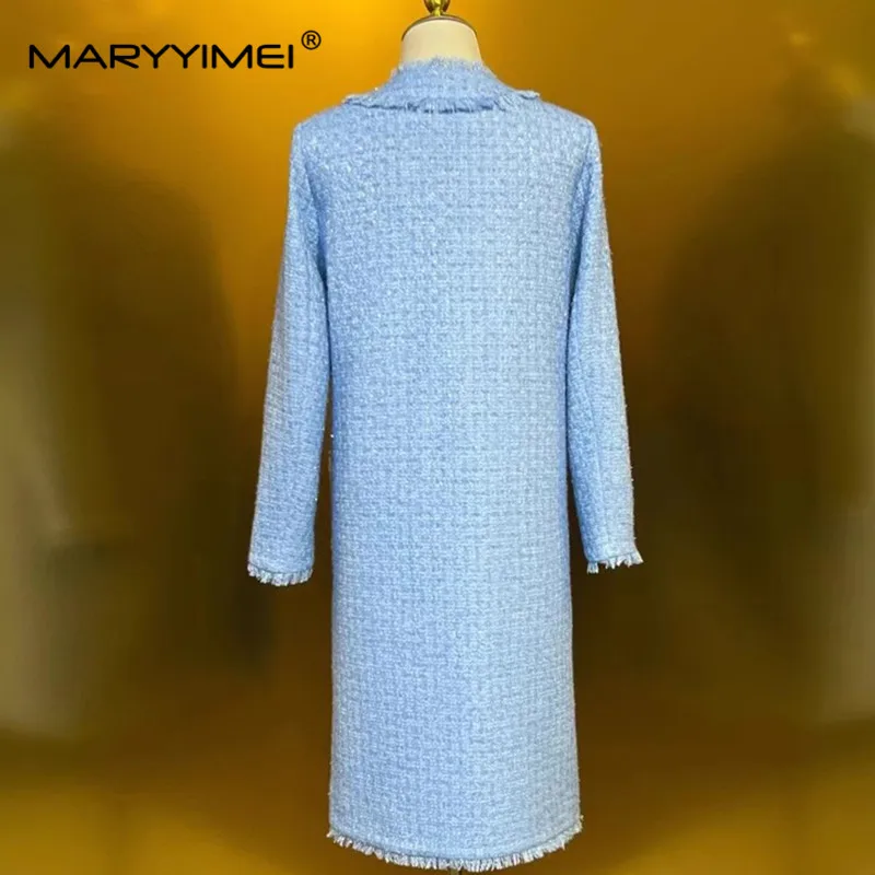 MARYYIMEI Winter Fashionable Design Women\'s Coat Pocket Long-Sleeved Double-Breasted Blue/White/Black Overcoat