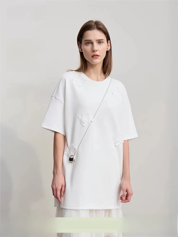 

Весенний новый круглый Ne Splice Lace oulder Drop ort Sve Air Layer T irt Женский свободный эластичный топ из хлопка и полиэстера...