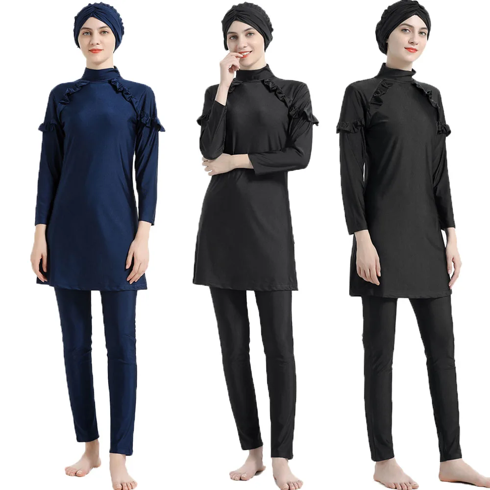 

New Modest Full Cover Muslim Swimwear Women Burkinis Arab Islamic Beachwear Swimsuit 3 Pieces Bathing Tops Pants Hat Sets Outfit