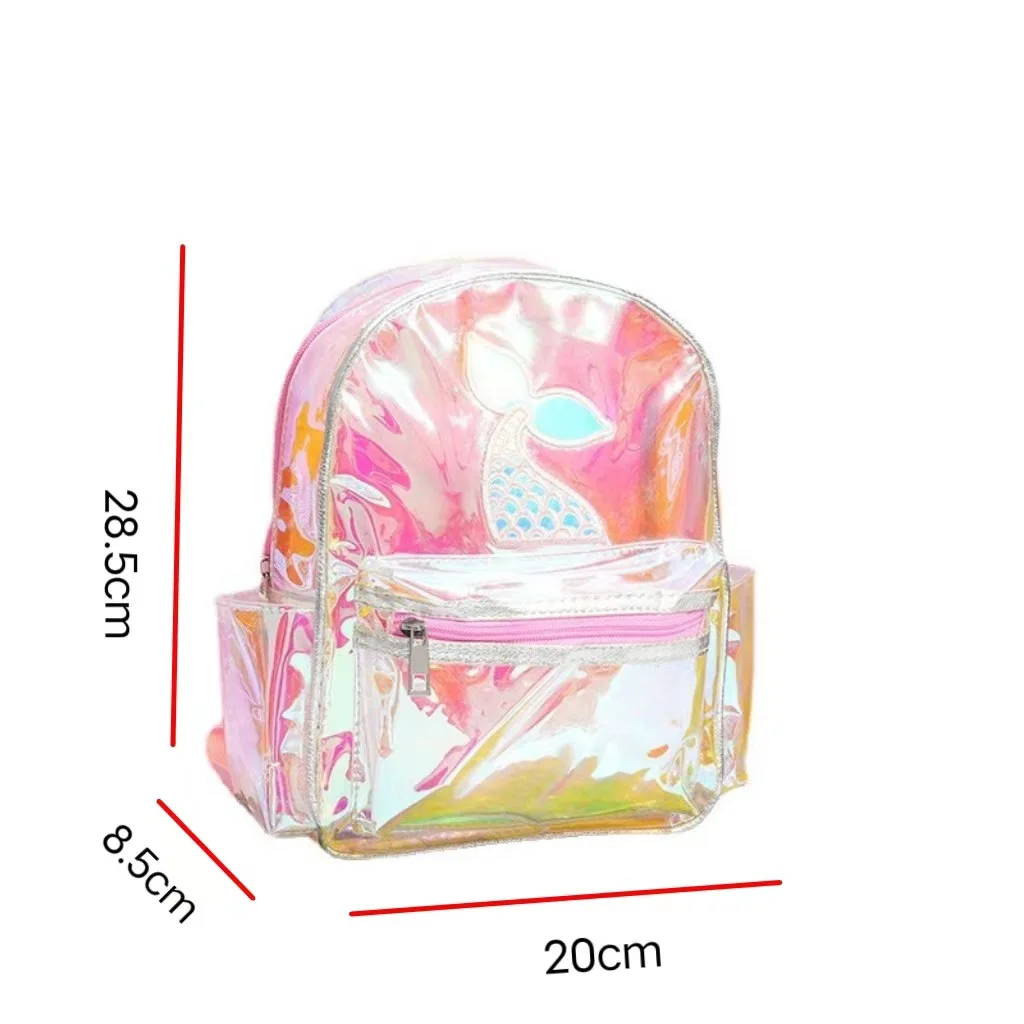 Mochila láser colorida transparente personalizada para niña, mochila de ocio bonita impermeable para niños, cola de pez de concha