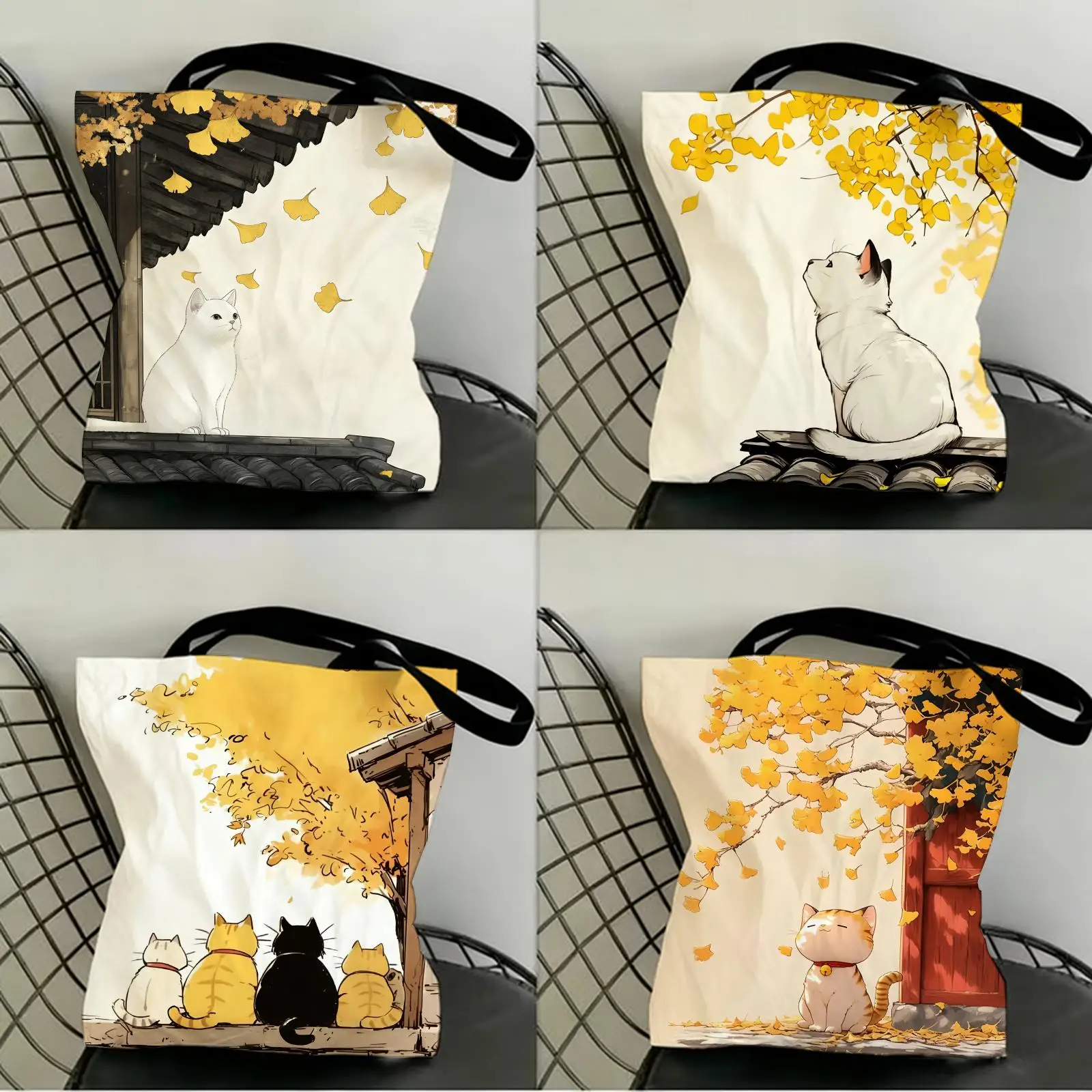 Autumn cats Storage Bags Canvas Double-Sided Print Fashion Shoulder Tote Shopping Bag Gift Eco Handbags