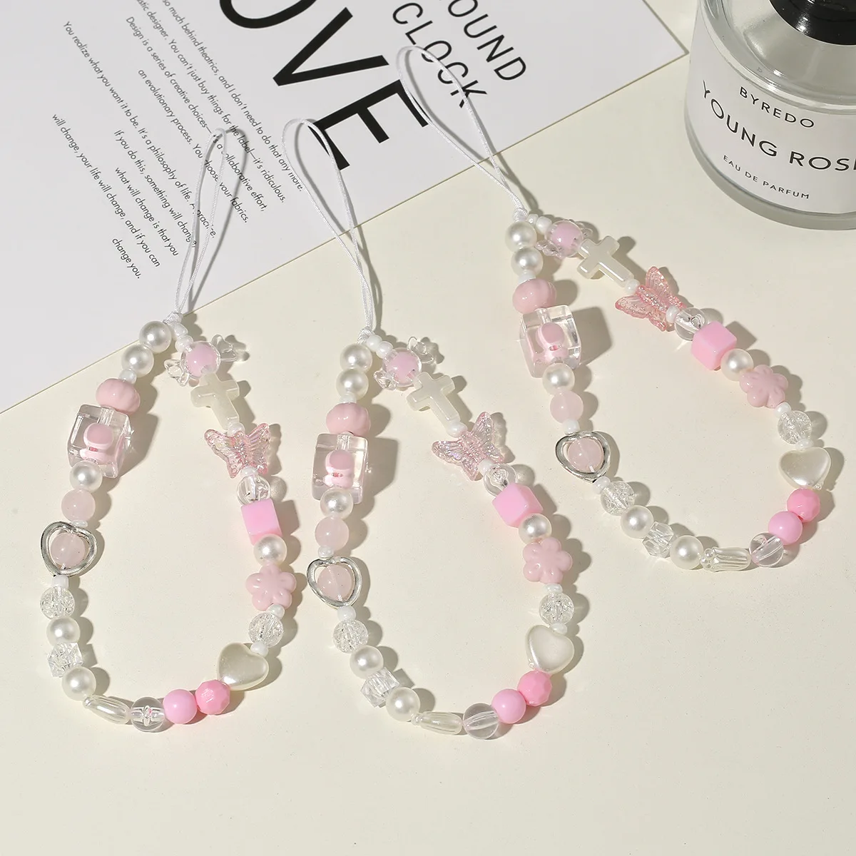 Pink Cherry Blossom Metal Heart DIY Bead Wrist Lanyard Anti-drop Hanging Charm Fit Cell Phone Case CCD Digital Camera