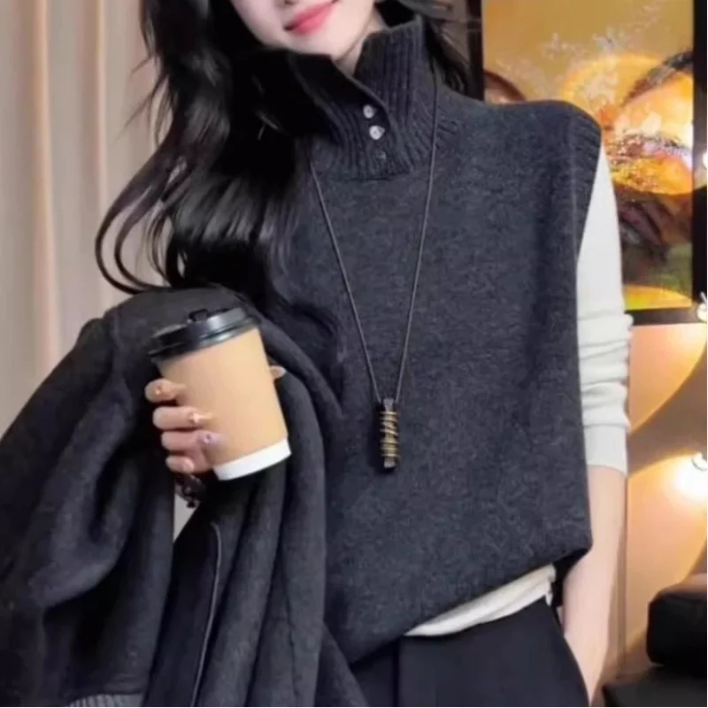 French Layered Trendy Turtleneck Sweater Vest Women Autumn Winter New Style Lazy Style High Grade Inner Wear Knitted Top