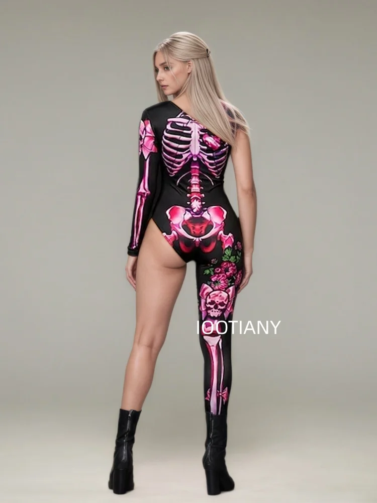 Gotischer Halloween-Skelett-Print-Bodysuit für Damen, One-Shoulder, einlanger Ärmel, asymmetrischer, enger Jumpsuit, Bühnen-Rave-Outfit – Detail 15