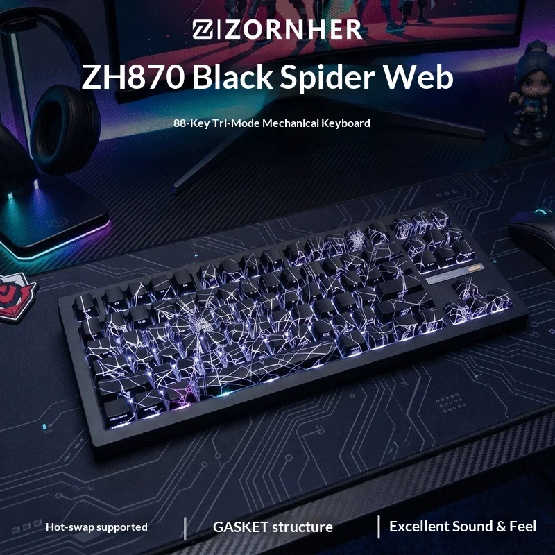 Zizornher Mechanical Gaming Keyboard Zh870 Black Cobweb Tri Mode Wireless 88 Keys Custom Hot Swappable Gasket Structure