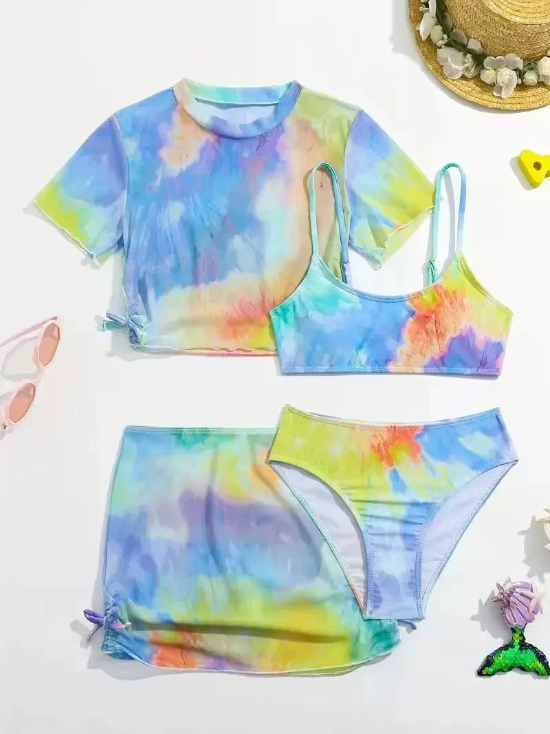 4 Pieces Bikinis Set Top & Skirt 2026 Girls Swimsuit Kids Swimwear Female Children Bathers Bathing Swimming Swim Suit Beachwear